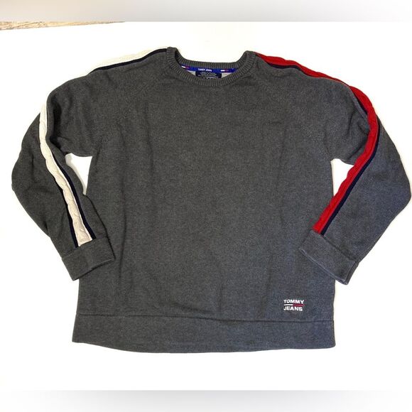 Y2K Tommy Hilfiger XL Tommy Jeans Heavy Knit Grey Sweater Cable Knit sleeves - Picture 1 of 6